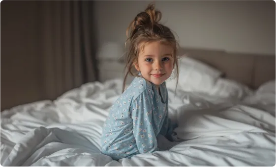 child sitting on bed